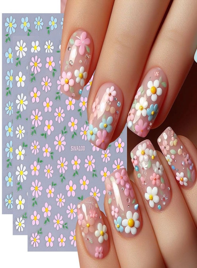 BSBTBZ White Daisy Nail Art Stickers - Small Floral Nail Decals 3D Self-Adhesive Nail Design Summer Art Supplies Flower Adhesive Transfer Slider DIY Spring Flower Sticker for Women 3Sheets - Image 1